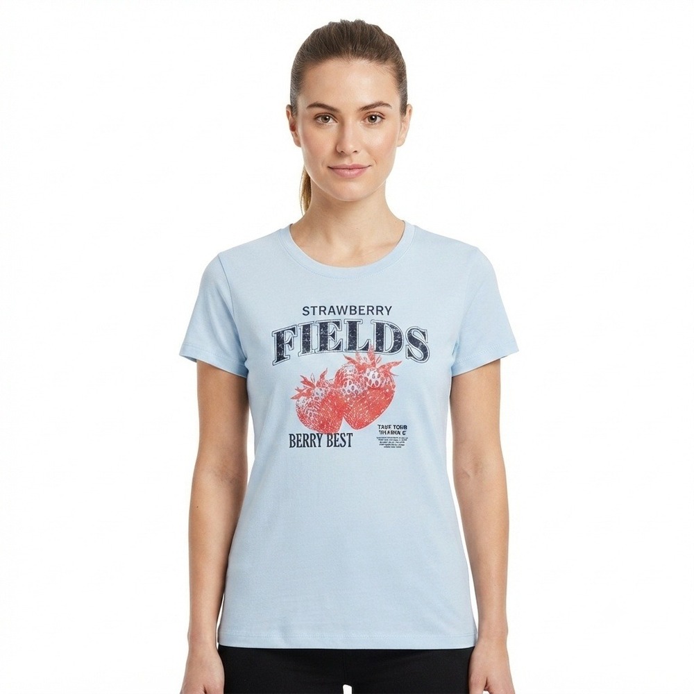 St Johns Bay Short Womens Small Strawberry Fields Graphic Tee Blue Short Sleeve